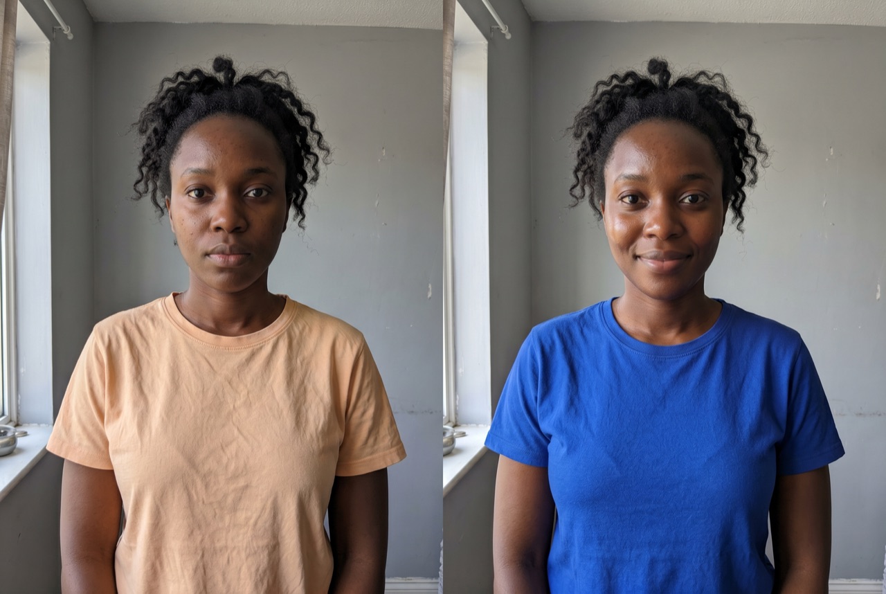 Before and after: peach versus cobalt blue